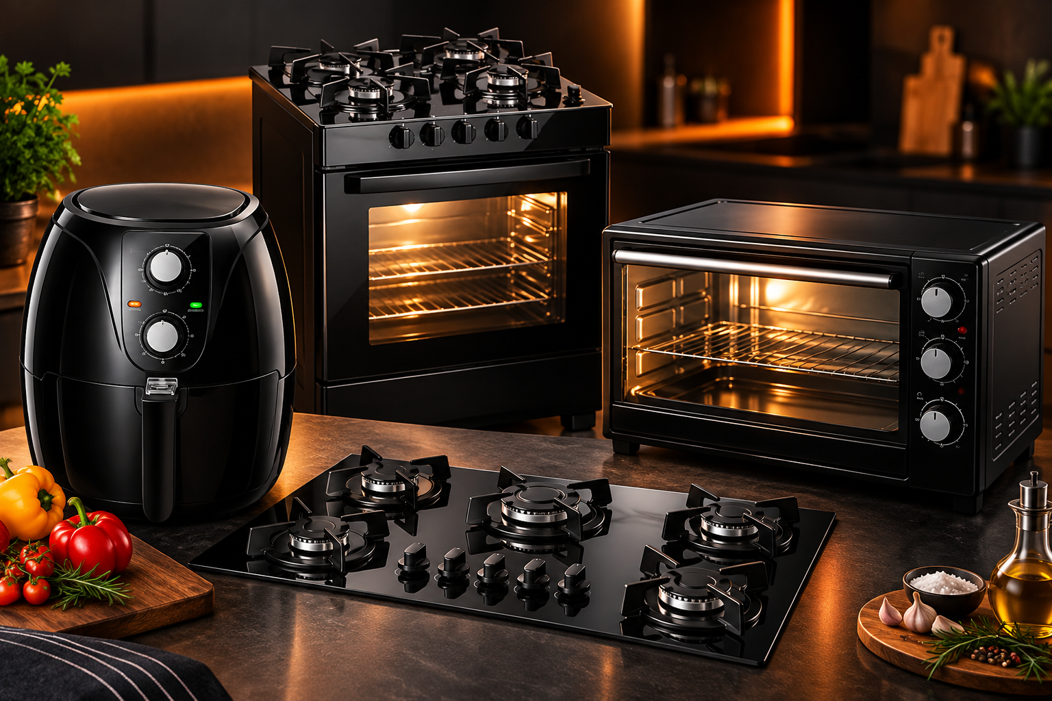 Fornos, fogões, cooktop e air fryer em uma cozinha profissional